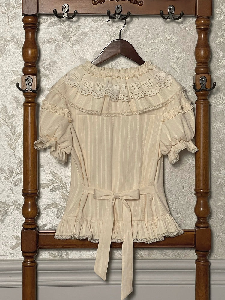 Beige Ruffle Neckline Short Puff Sleeves Blouse