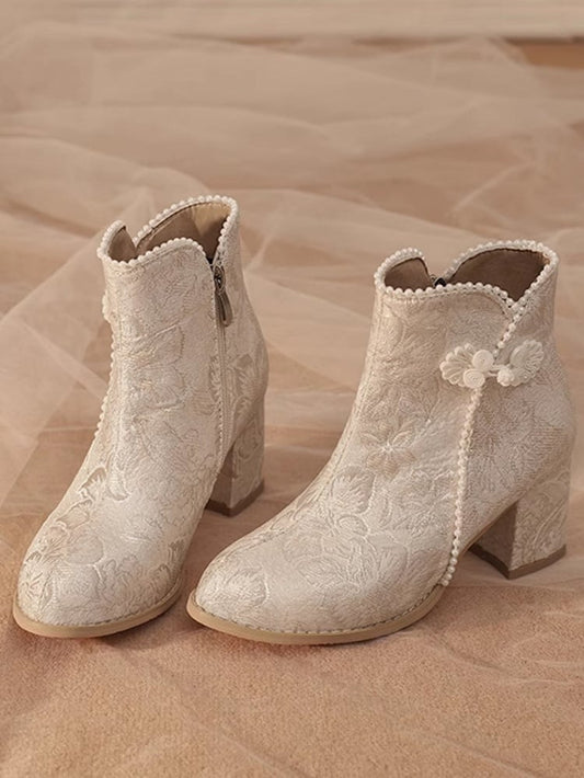 Qi Embellishments Normale/Verdickte Version Stiefel Frosch Lolita Akzent Beige Knopf Satin Perlen Blumenmuster -