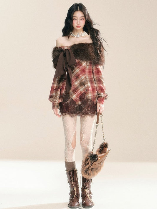 赤と茶色のダメージ加工の穴あきチェック柄ドレス、無料のプラッシュショール