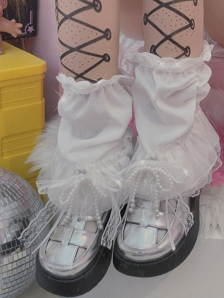 Beaded Lace Decorated White Trim Leg Bowknot Y2K Sleeves