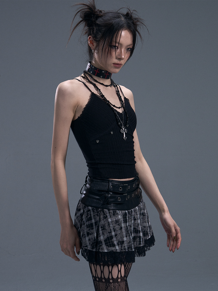 Black Punk Knit Crop Cami Top with Lace Studs