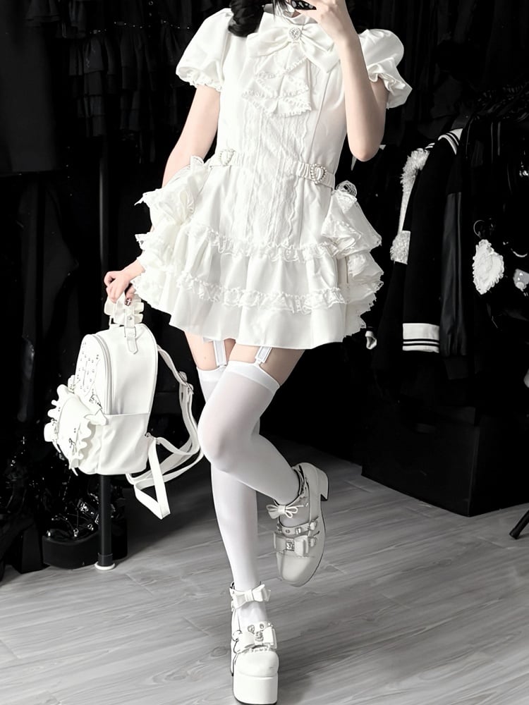 Bow and White Kei Flowing Dress Side Sleeves Tie Train,Shorts Set: with Puffy Gothic Jirai