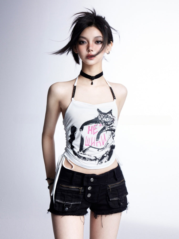 Black/White Top Waist Glamorous Drawstring Cat Graffiti Print Halter Neck