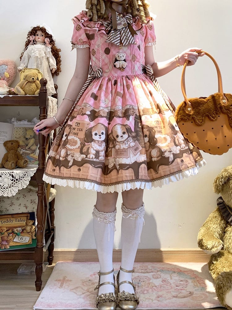 Robe Lolita rose à manches courtes et imprimé chiot et biscuit