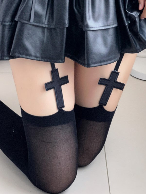 Cross Design Black/White Suspender Gothic Tights