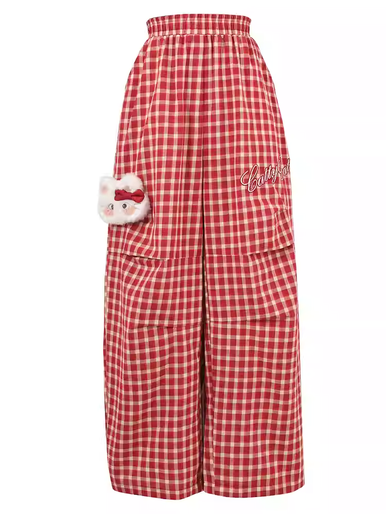 Pants with Kitty Plushie Red Plaid Elastic Waist Wide-Leg Casual