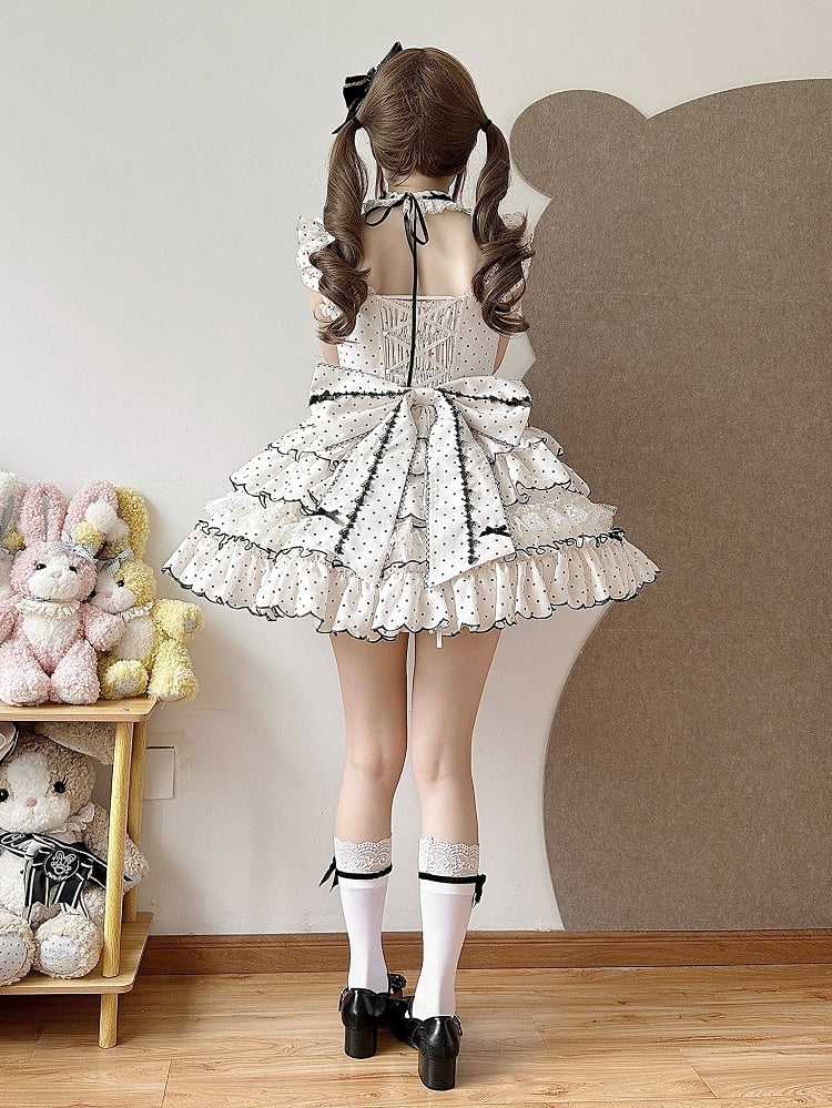 Süßes Lolita-Kleid mit Punkten, vielseitigem OP/JSK-Design und gestuftem Saum, Weiß