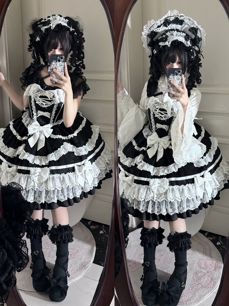 Schwarz-weißes Old School Lolita-Kleid mit Schleifen und herzförmiger Dekoration, Prinzessinnen-Lolita-Pulloverrock