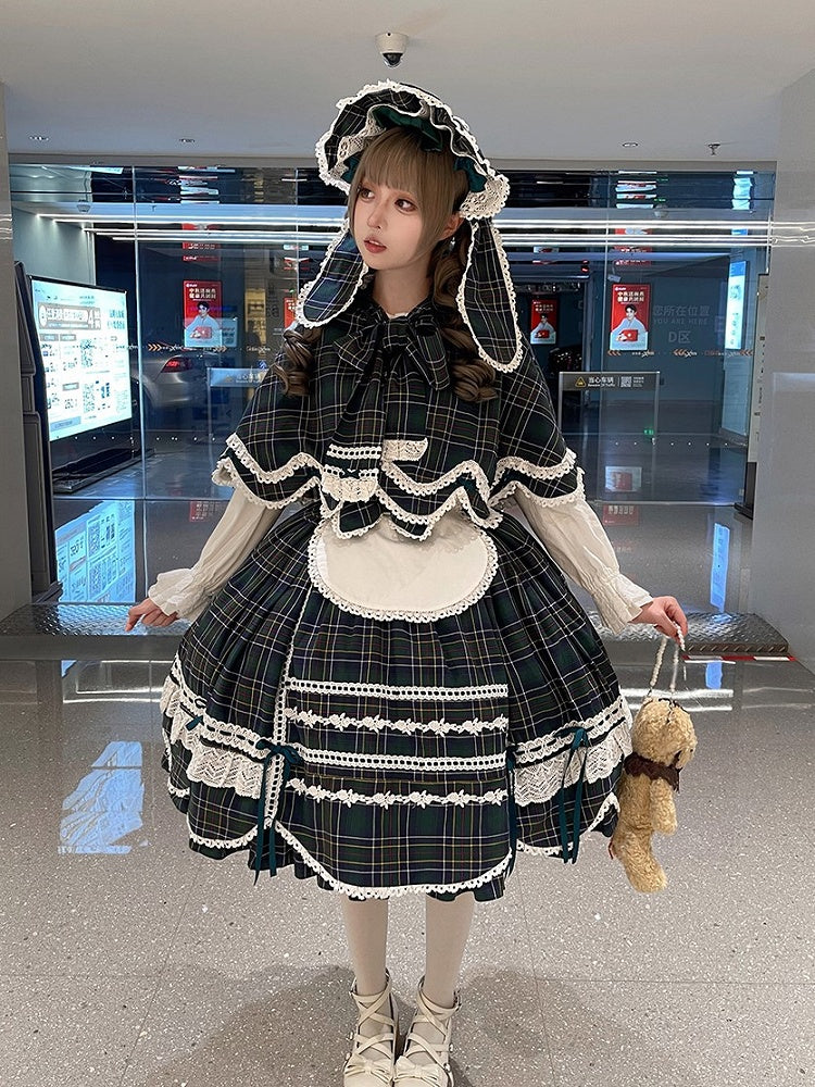 Green Plaid Bunny Ears and Cape Petal-like Trim Hooded with