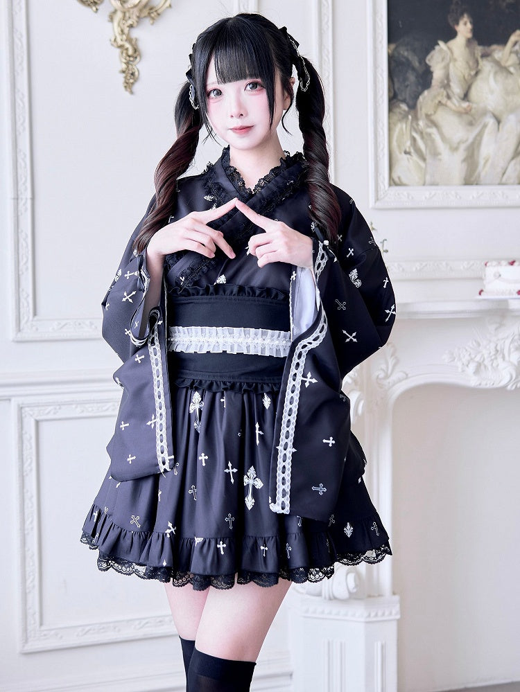 Belt and Back Big Black Hem Black/White with Corset Bow Ruffle