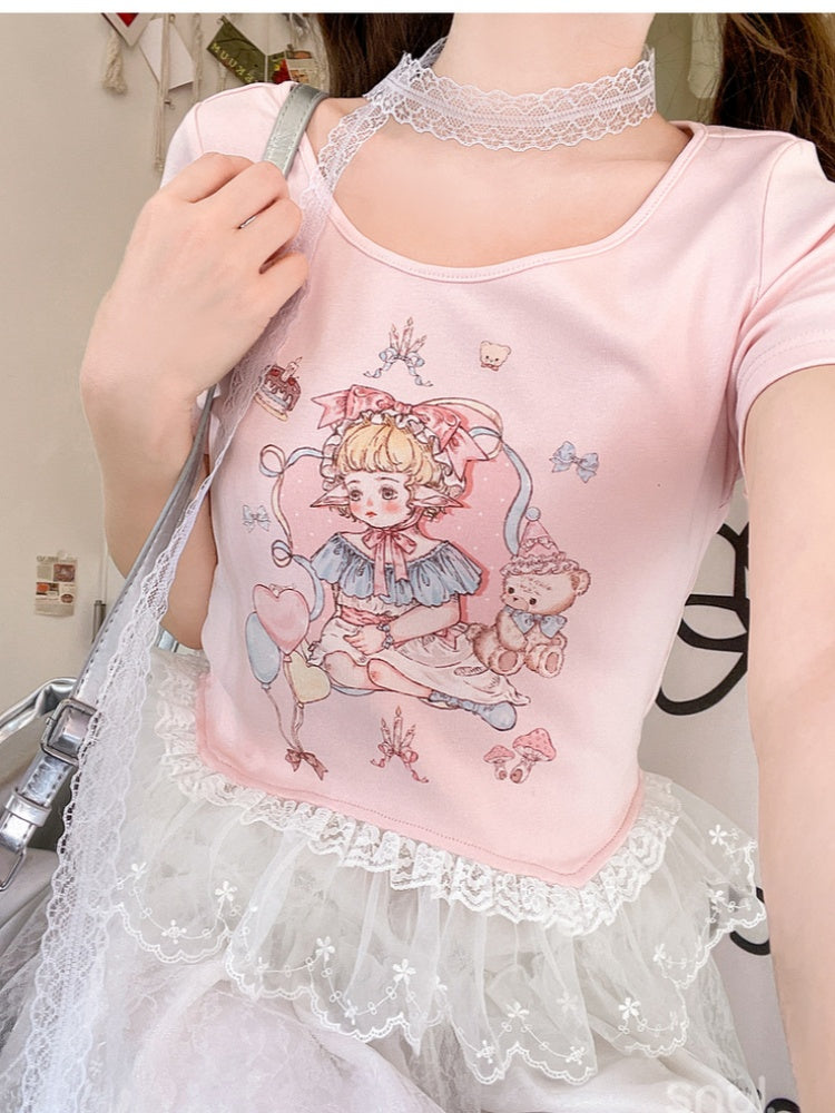 Rosa/weißes T-Shirt mit Spitzenbesatz und süßem Rundhalsausschnitt