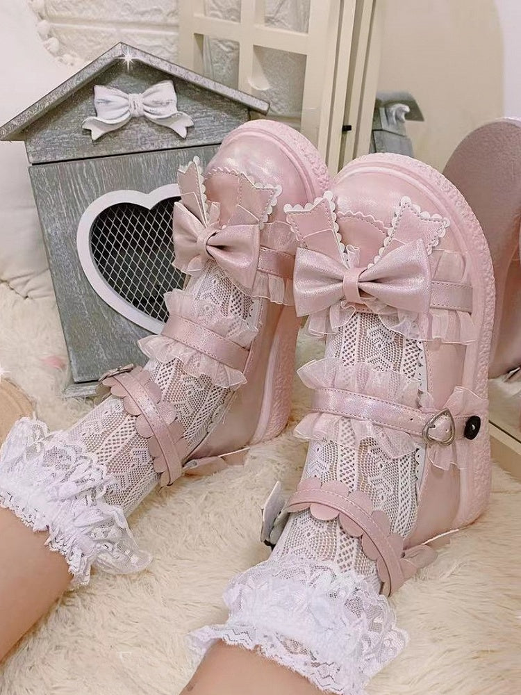 Black Heart Pattern Ruffled Lace Cuff Lolita Calf Socks