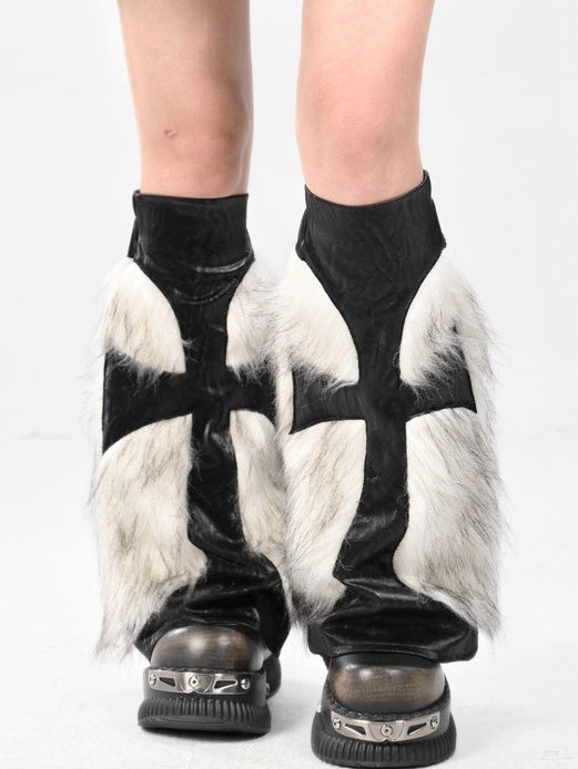 Black Gothic Cross Shaggy PU Leg Warmers