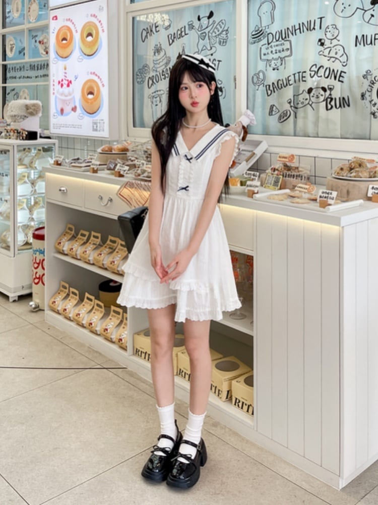 Trim Tiered Skirt Sleeveless Dress Contrast White Sailor Collar Flutter Sleeves Blue