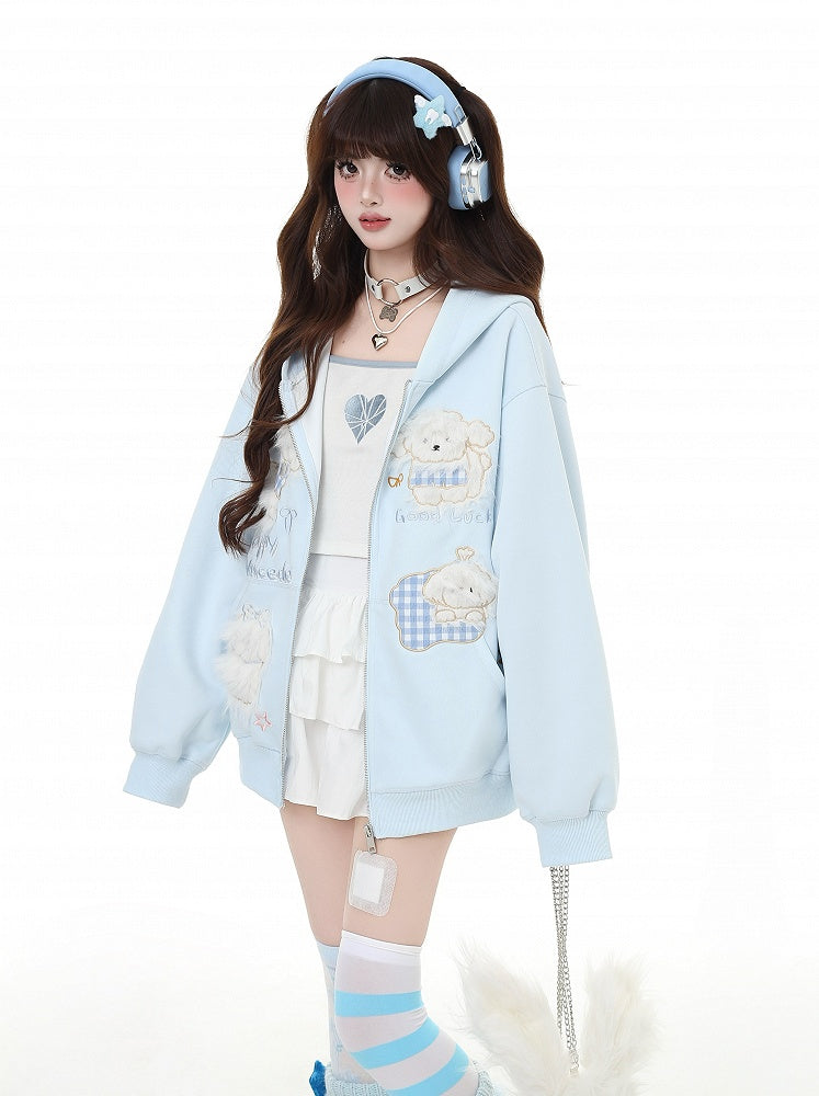 Puppy Embroidery Applique Black/Light Blue Plush Zip Closure Hoodie