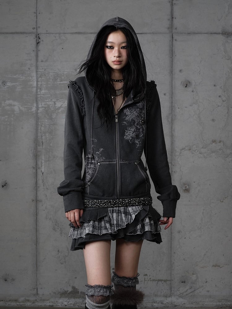 Wasteland Detachable Y2K with Dark Gray Hoodie Skirt Plaid Layered Sleeves Punk Dress