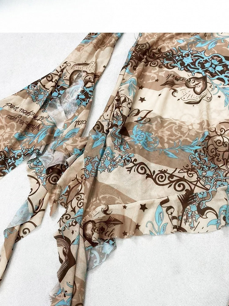 Design Neckline Print Cascading Accents Asymmetrical Long Ruffle Top Khaki Sleeves