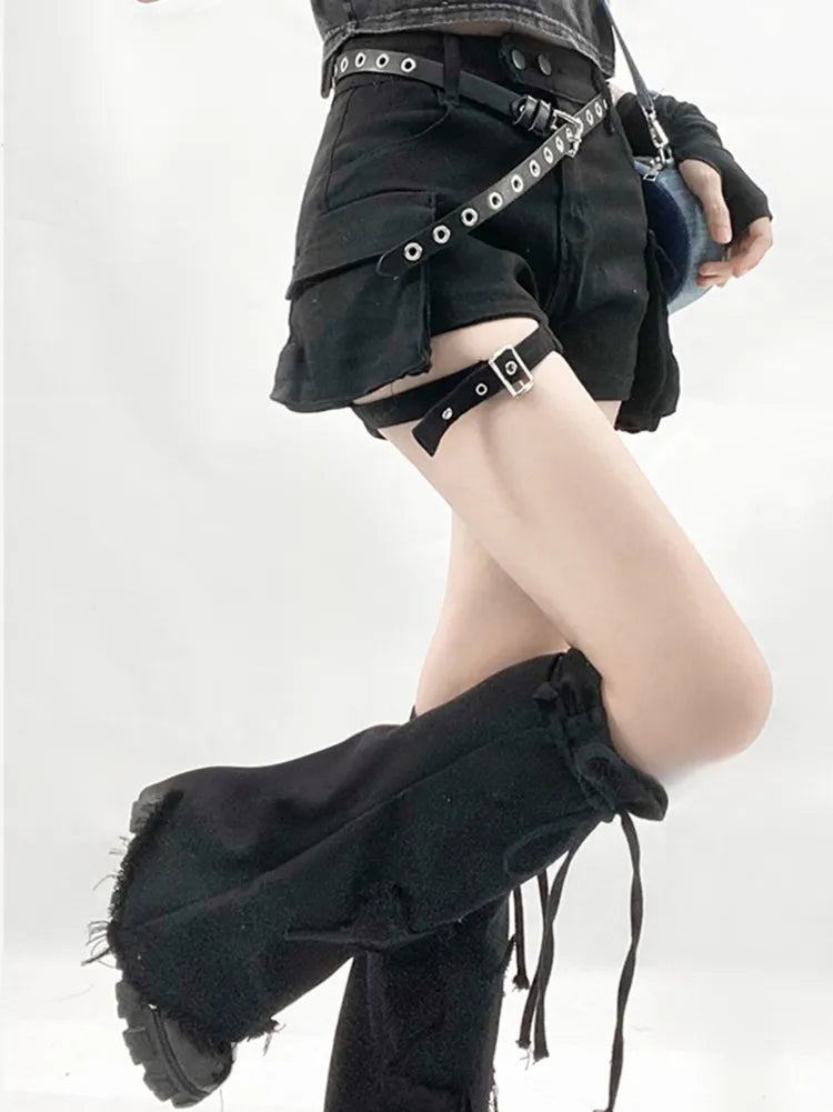 Pocket Black + Leg Star Warmers Denim Flared Design Cargo Shorts