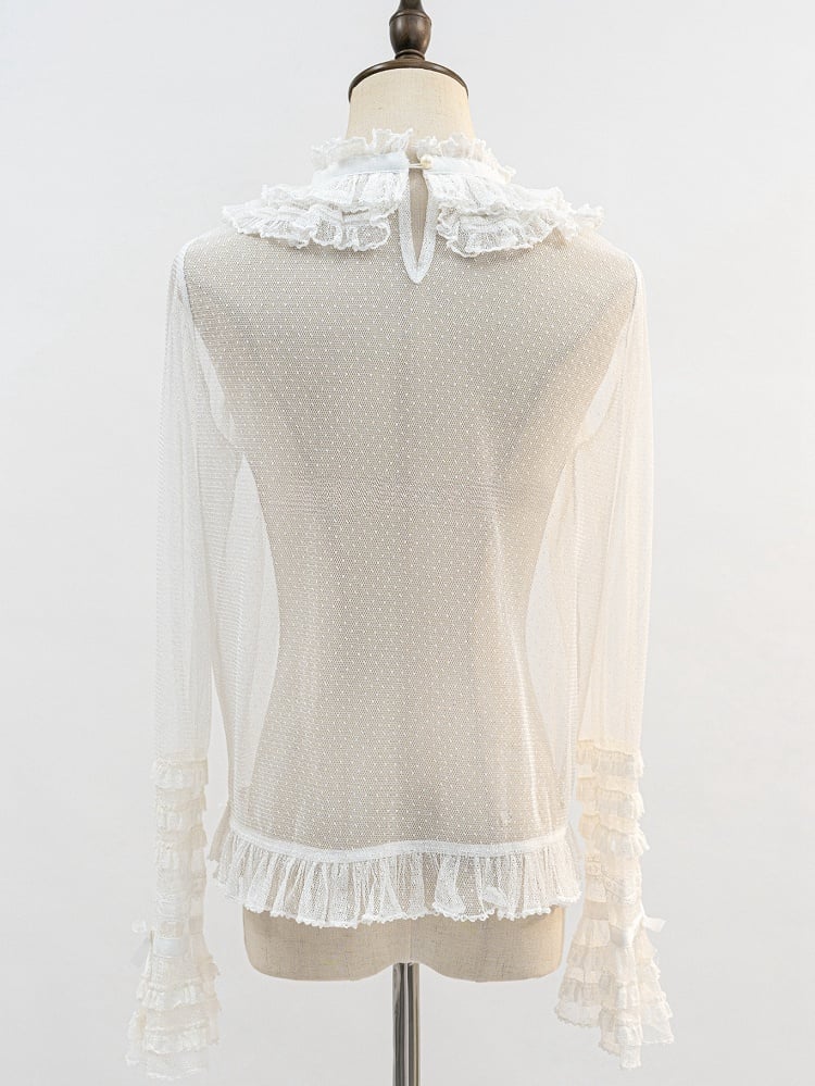 Weiße transparente Bluse mit langen Ärmeln und Rüschenausschnitt