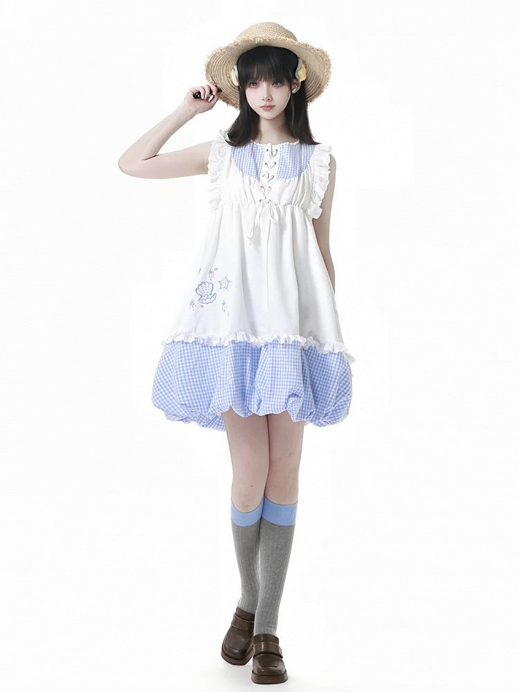 Bubble Skirt Plaid Flutter Sleeves Dress Blue Seashell and Starfish Embroidery White and