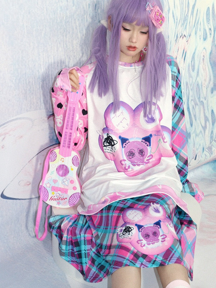 Skirt Cat Claw Pattern Y2K Print GreenPink Plaid