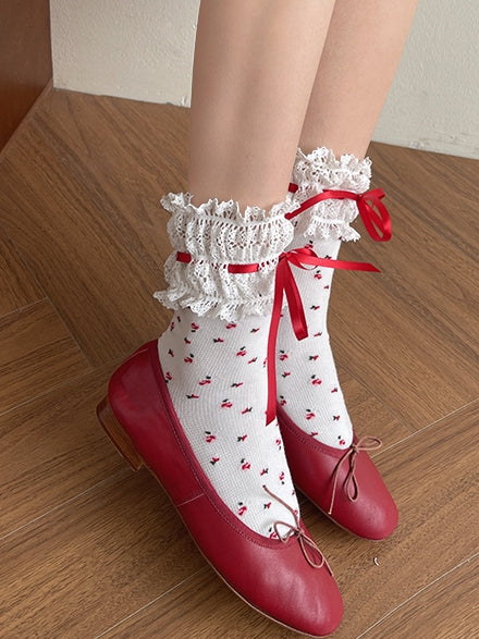 Socken Lolita WeißRoter Besatz Print Spitze Blumen