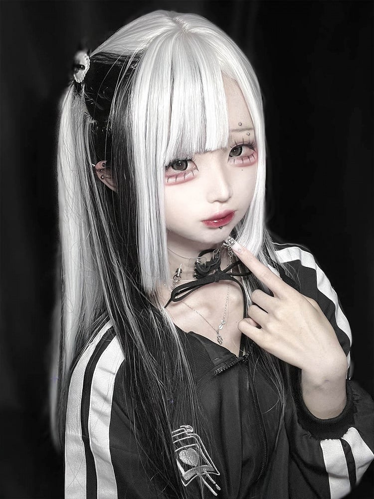 Highlight White Black Length Gothic Straight With And Hime Wig Bangs 80CM Air Cut
