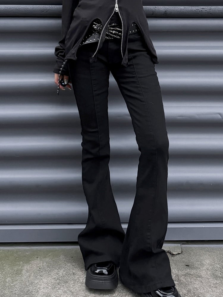 Punk-schwarze Slim-Fit-Hose mit Fischschwanz und hoher Taille mit Gürtel mit Skeletthand-Schnalle