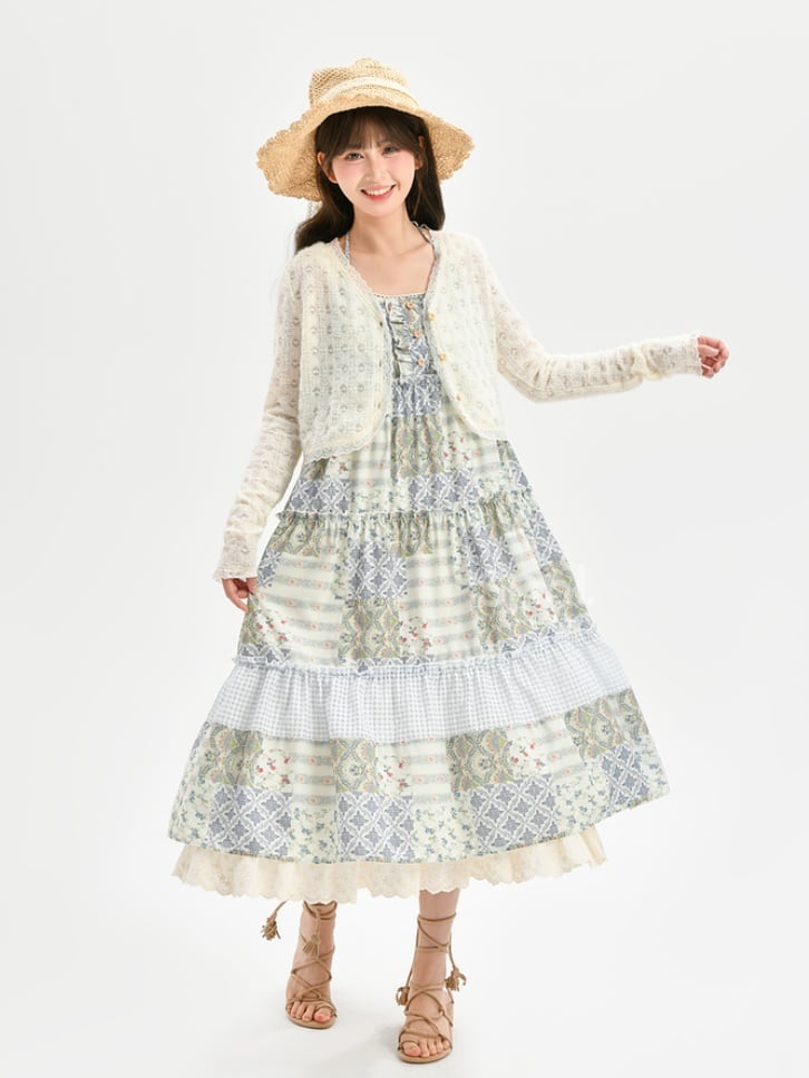 Mori Kei Green Halter Neck Patchwork Design Floral Dress