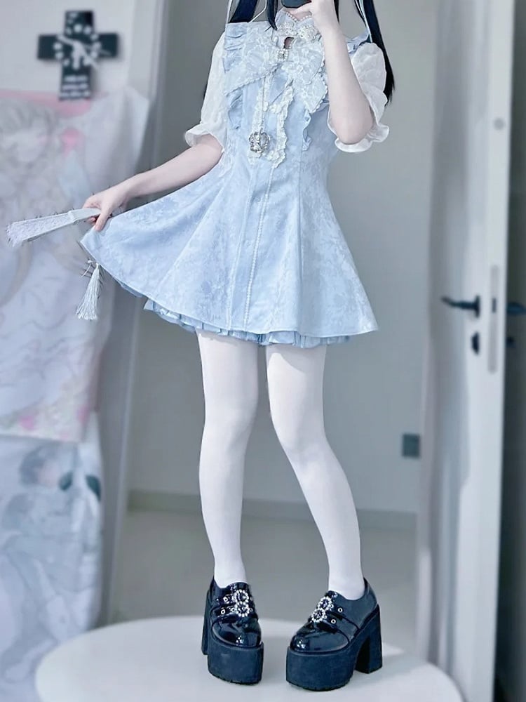 Jirai Blue Tie+Hairclips Light Kei Y2K Sleeves Dress+Shorts+Bow Set-Cheongsam Collar Short