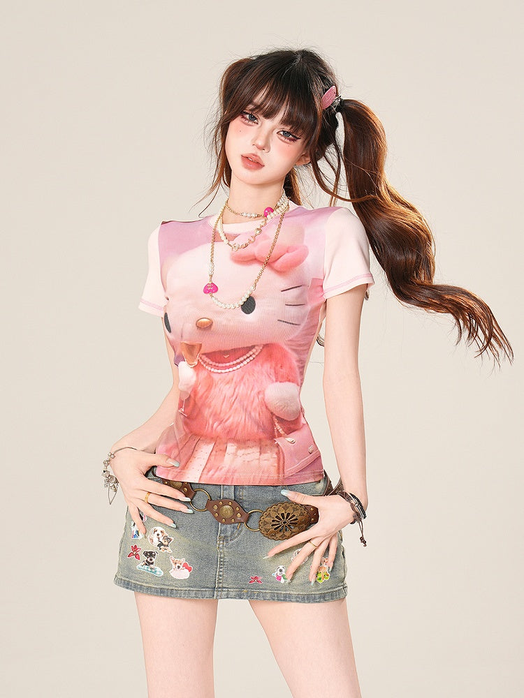 Denim Skirt Bodycon Mini Adorable Puppy Print Blue