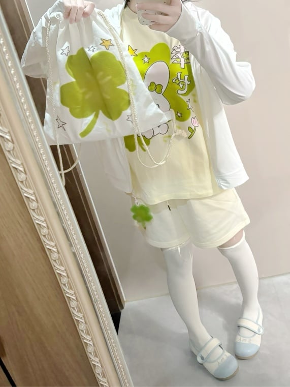 Jacket Charm White Bunny Print Sun with Leaf Clover Four Protection Hoodie