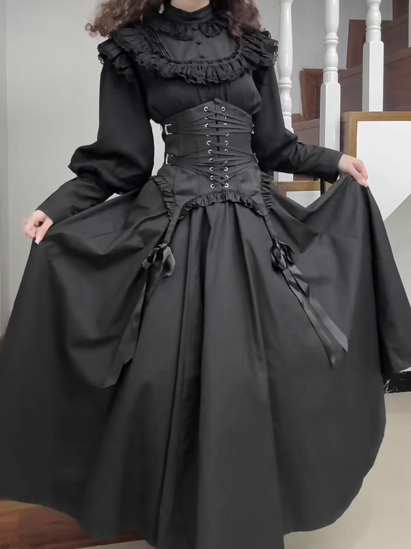 Long-Sleeve Black Dress Lolita Ruffled Waist Classic High Elegant
