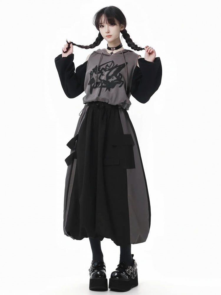 Print Colorblock Design Drawstring Gray Hem Hoodie and Cutout Shoulder Star Black