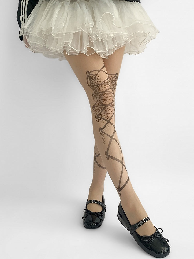 Nude Strumpfhose mit Riemen und Schnürung