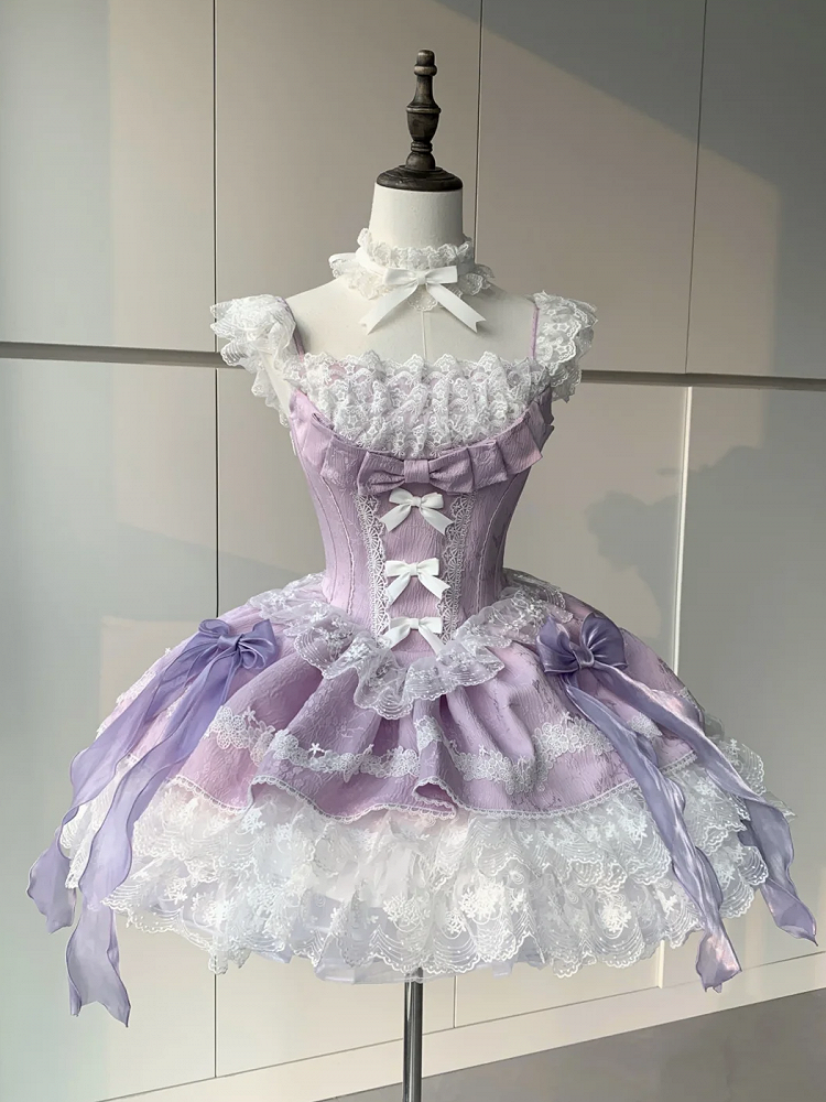 Balletcore with Lolita Purple Detachable Dress Bows Waist Boned
