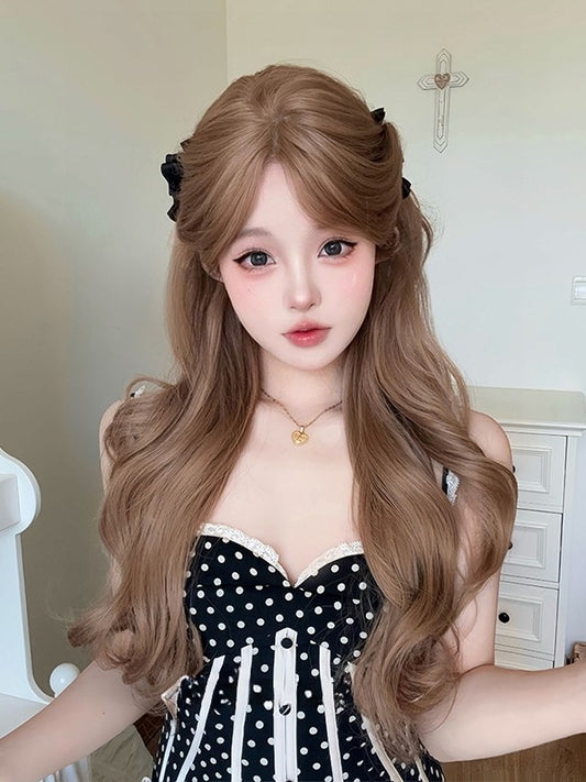 Bangs Wavy Length Wig 70CM Curtain Brown With Light