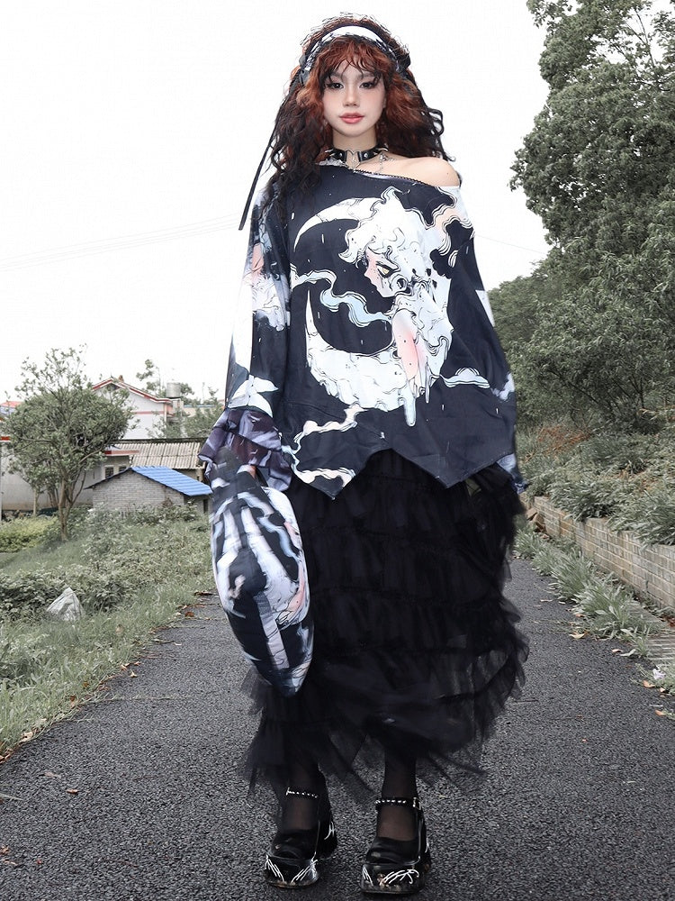 Fashion Black Moon Sleeves Protection Top Long And Gyaru Cartoon Print Sun