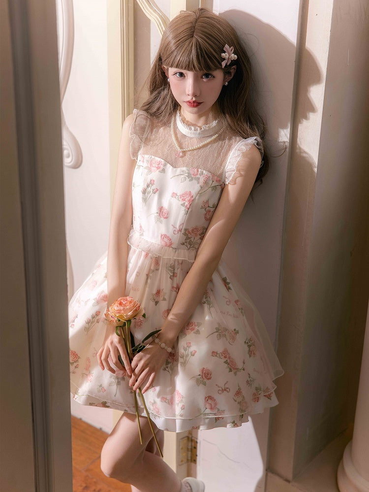 Dress Pink Print Rosette White Illusion Lolita Summer Neckline