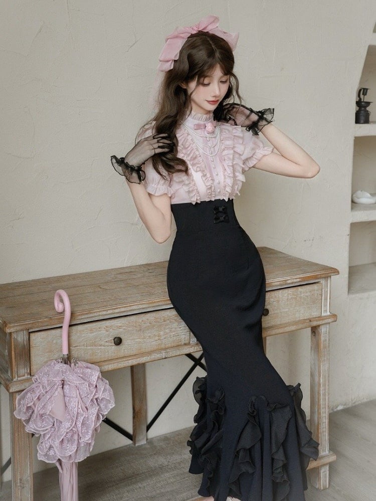 Pieces Pink Waist Blouse Elegant Fake Two Lolita Boned Skirt Design Black and Dress Mermaid