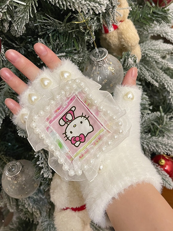 Black/White Cute Kitty Print Heart Beads Lace Details Plush Gloves