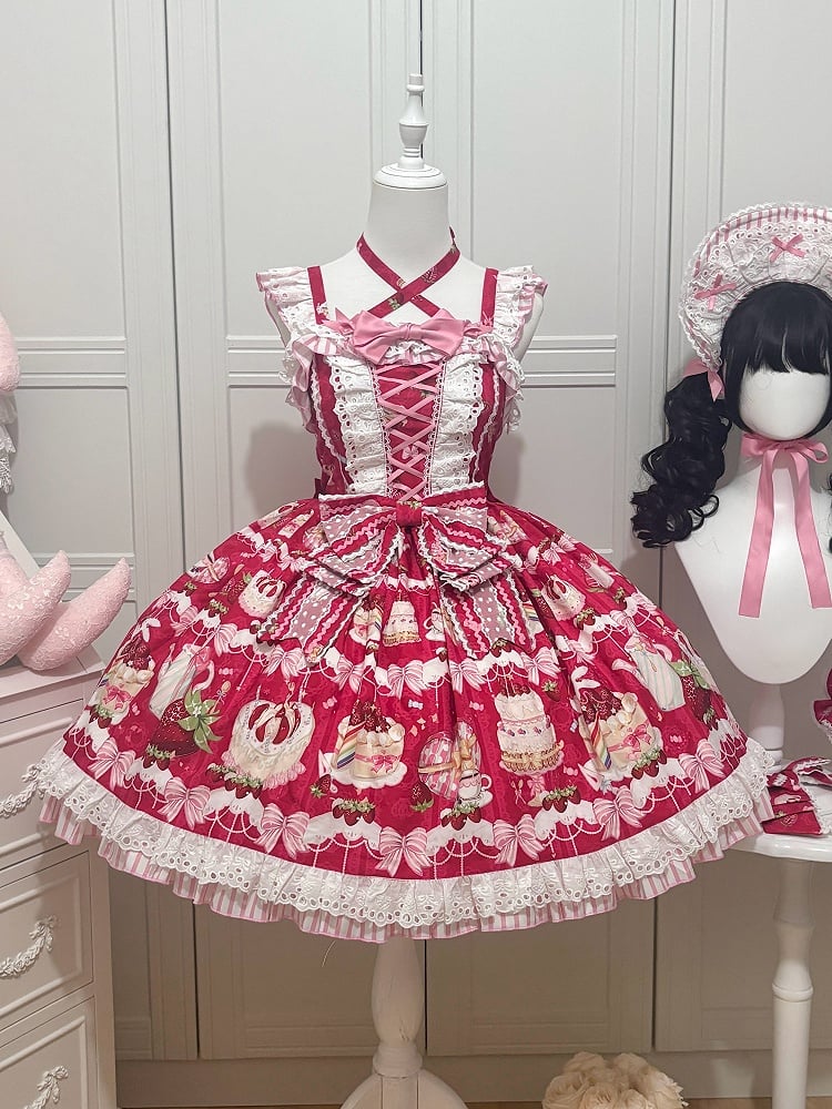 Lolita Skirt Sweet Red Bows Print Dessert and Jumper Strawberry