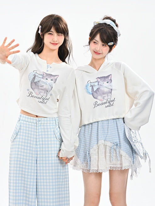 Adorable Cartoon Kitty Print Sweetheart Two-pieces Top Button Details White Faux