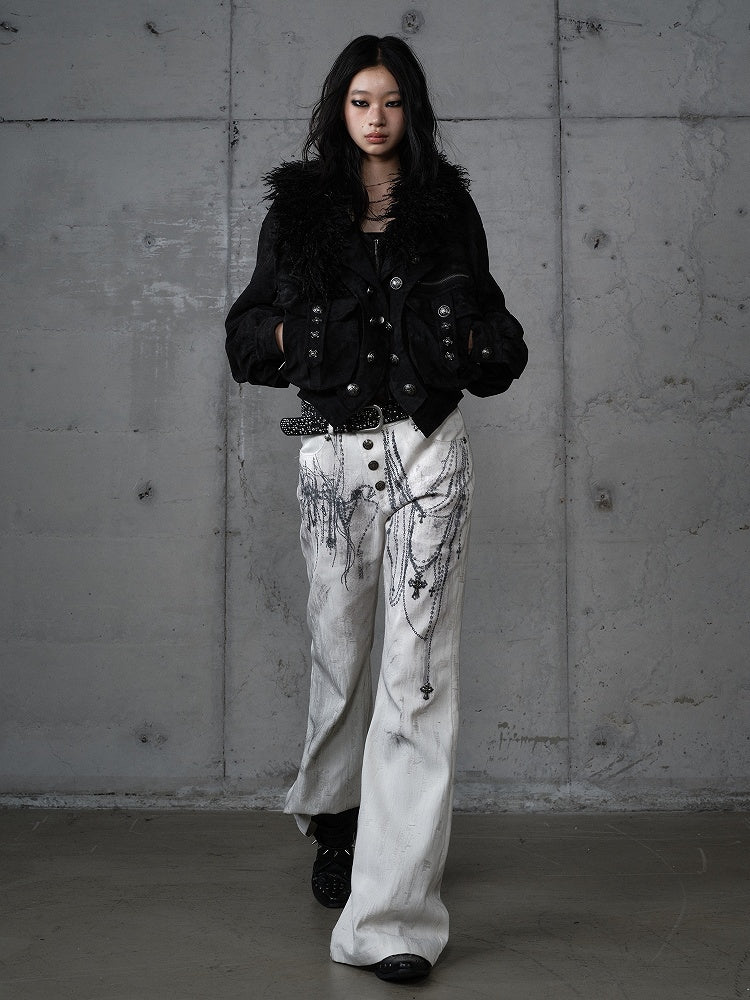 with Chain Studs Print Punk Cross Pants Button-Up Wide-Leg Fly White