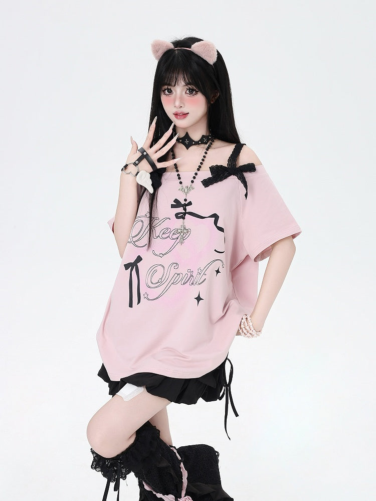 Pink Graphic T-Shirt Off-the-Shoulder Neckline with Lace Bows