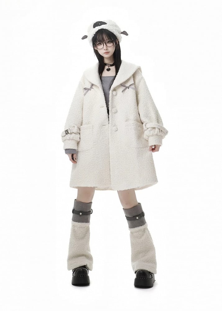 White Christmas Bowknot Detail Fleece Coat