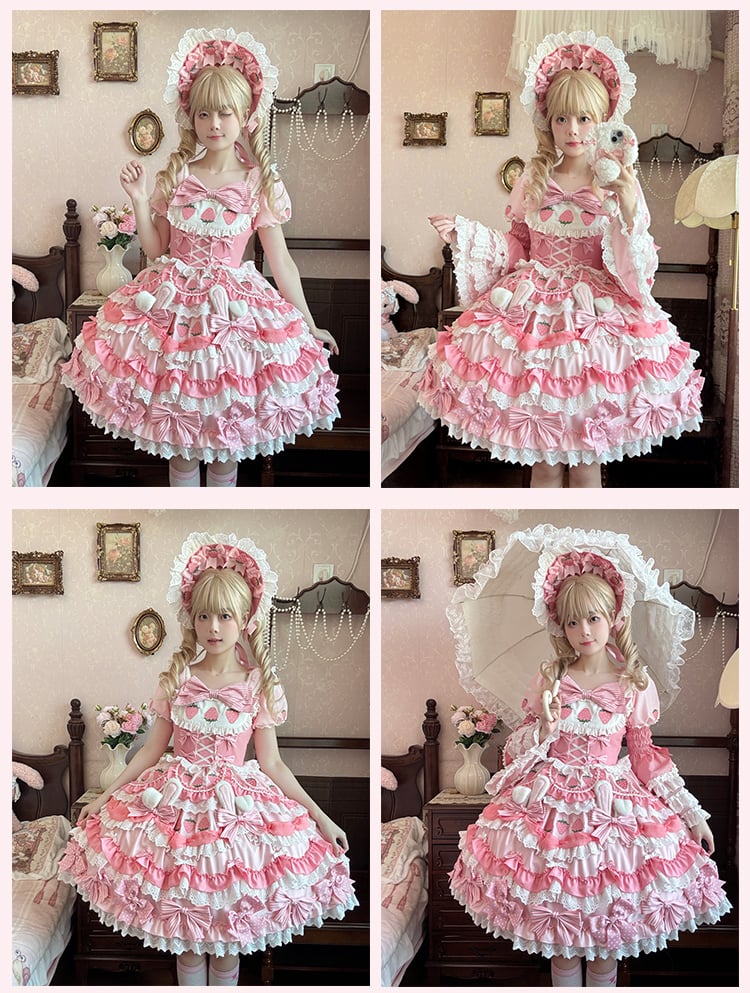 Four-pieces Pink Lolita Sweet Set-Tiered Creamy Strawberry Bunny