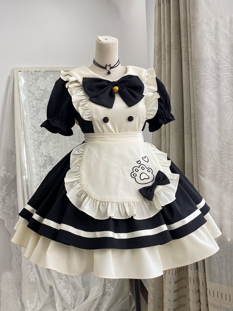 Embroidery Paw Kitty White Maid Apron Dress Sweet and Black Lolita