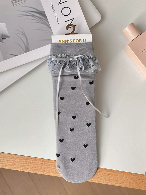 Lace Black/White/Yellow/Gray Cuffs Details Socks Calf Heart Print Ruffled Bowknot