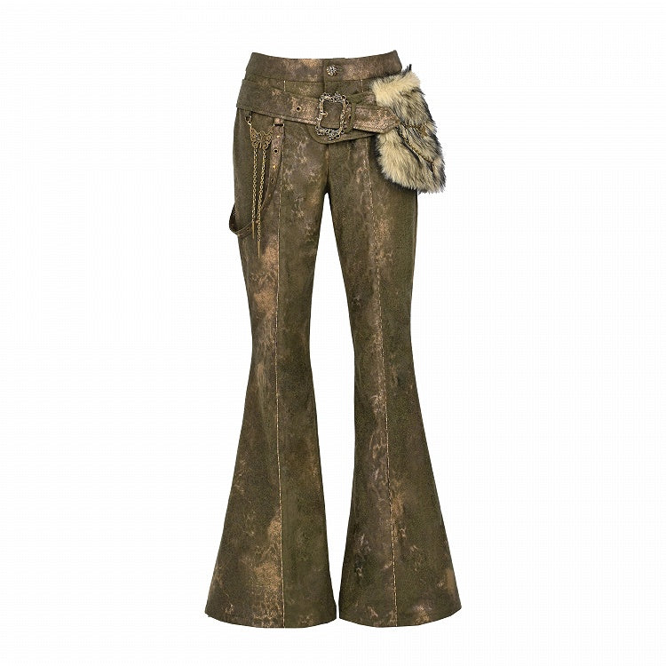 Grüne Schlaghose mit niedriger Taille und Schnalle und Plüsch-Gürteltasche